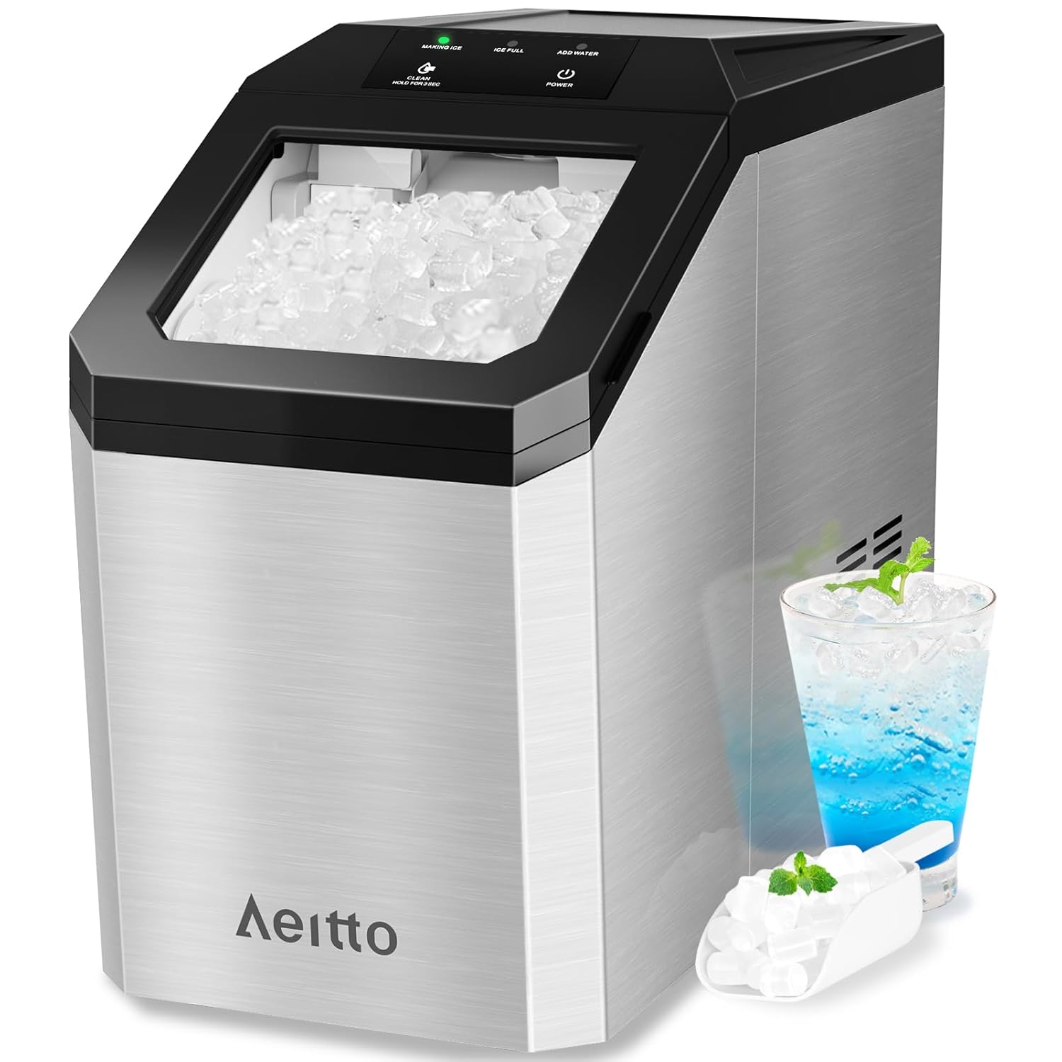 Aeitto Nugget Ice Maker Countertop, 55lbs/Day, Large Capacity Chewable Ice Maker, Rapid Ice Release in 5 Mins, Self-Cleaning with Stainless Steel Housing Ice Machine for Home Office and Party, Silver