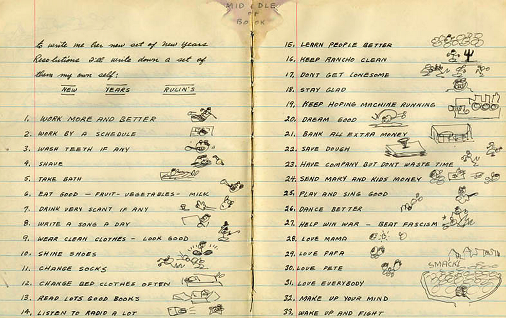 Woody Guthrie Creates a Doodle-Filled List of 33 New Year’s Resolutions (1943): Beat Fascism, Write a Song a Day, and Keep the Hoping Machine Running